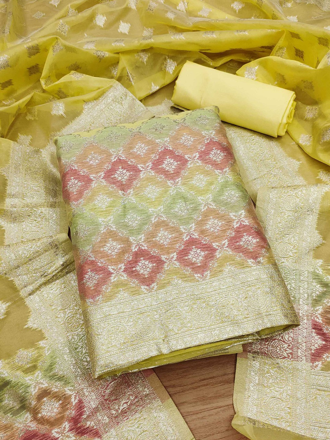 

Panzora Ethnic Motifs Woven Design Organza Unstitched Dress Material, Yellow