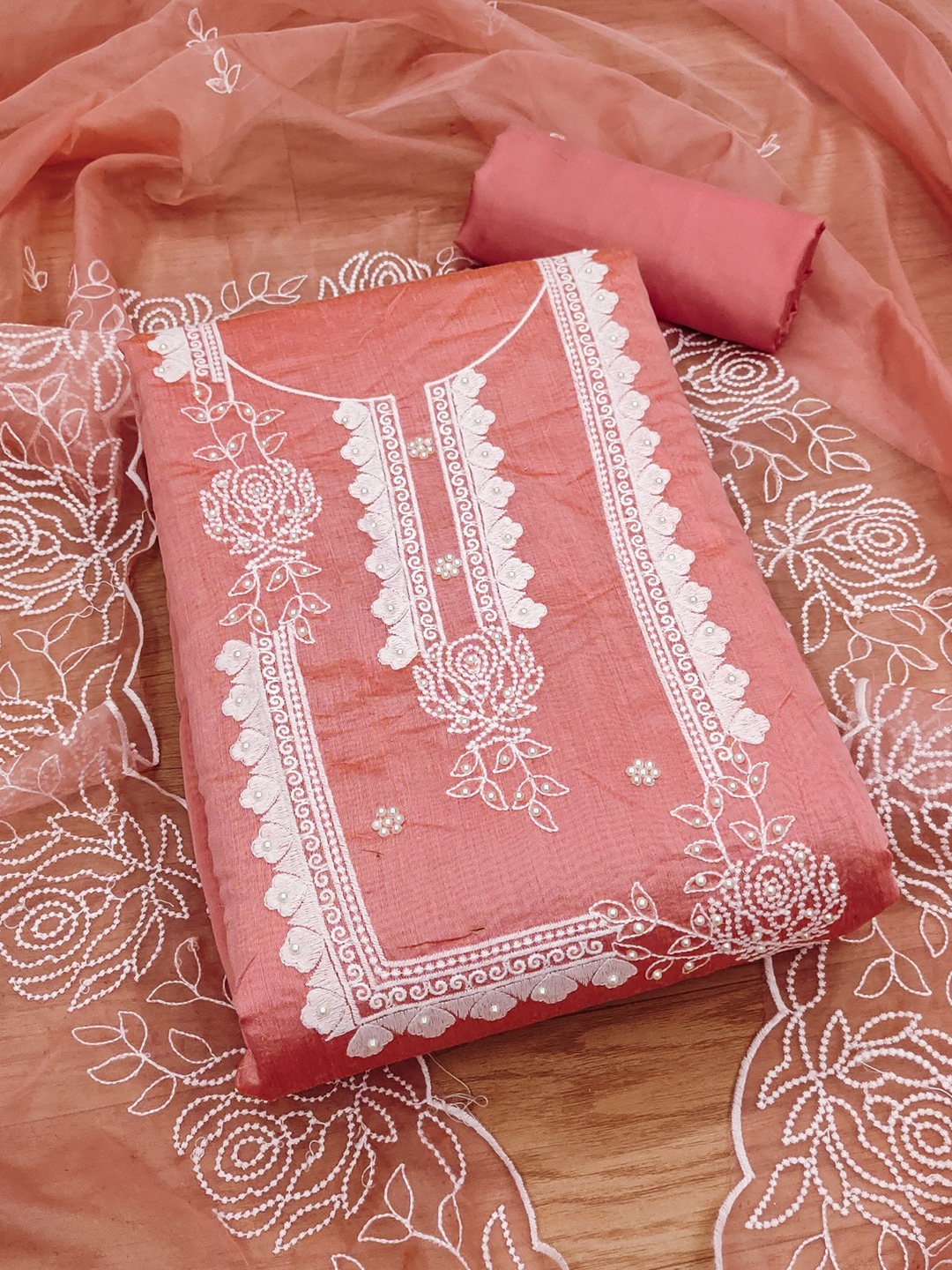 

Panzora Floral Embroidered Unstitched Dress Material, Peach