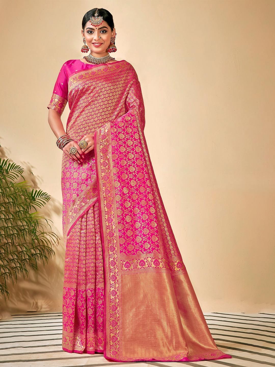 

PBS PRINTS Pink & GoldToned Ethnic Motif Design Zari Art Silk Banarasi Saree