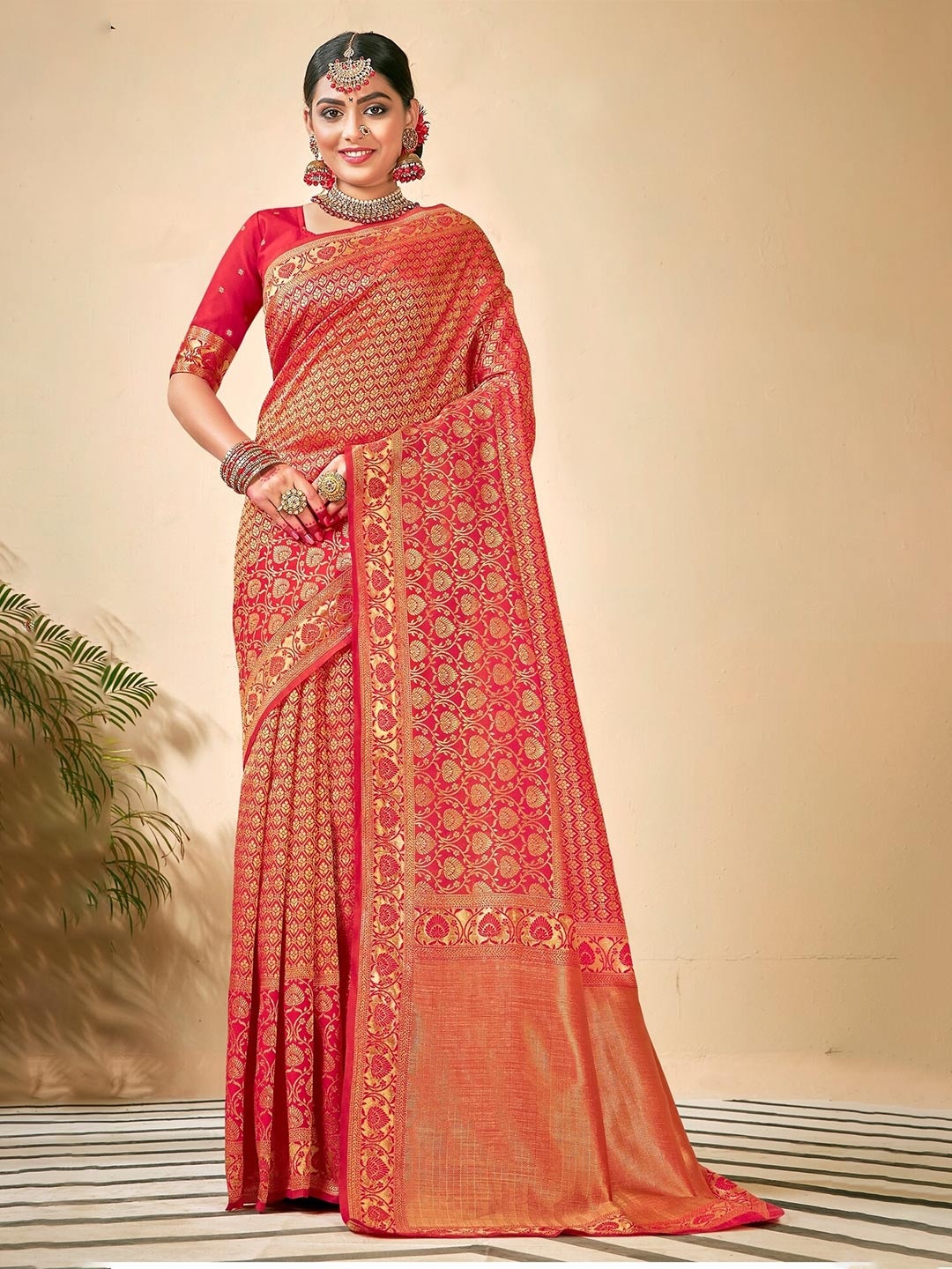 

PBS PRINTS Red & GoldToned Motif Design Zari Art Silk Banarasi Saree