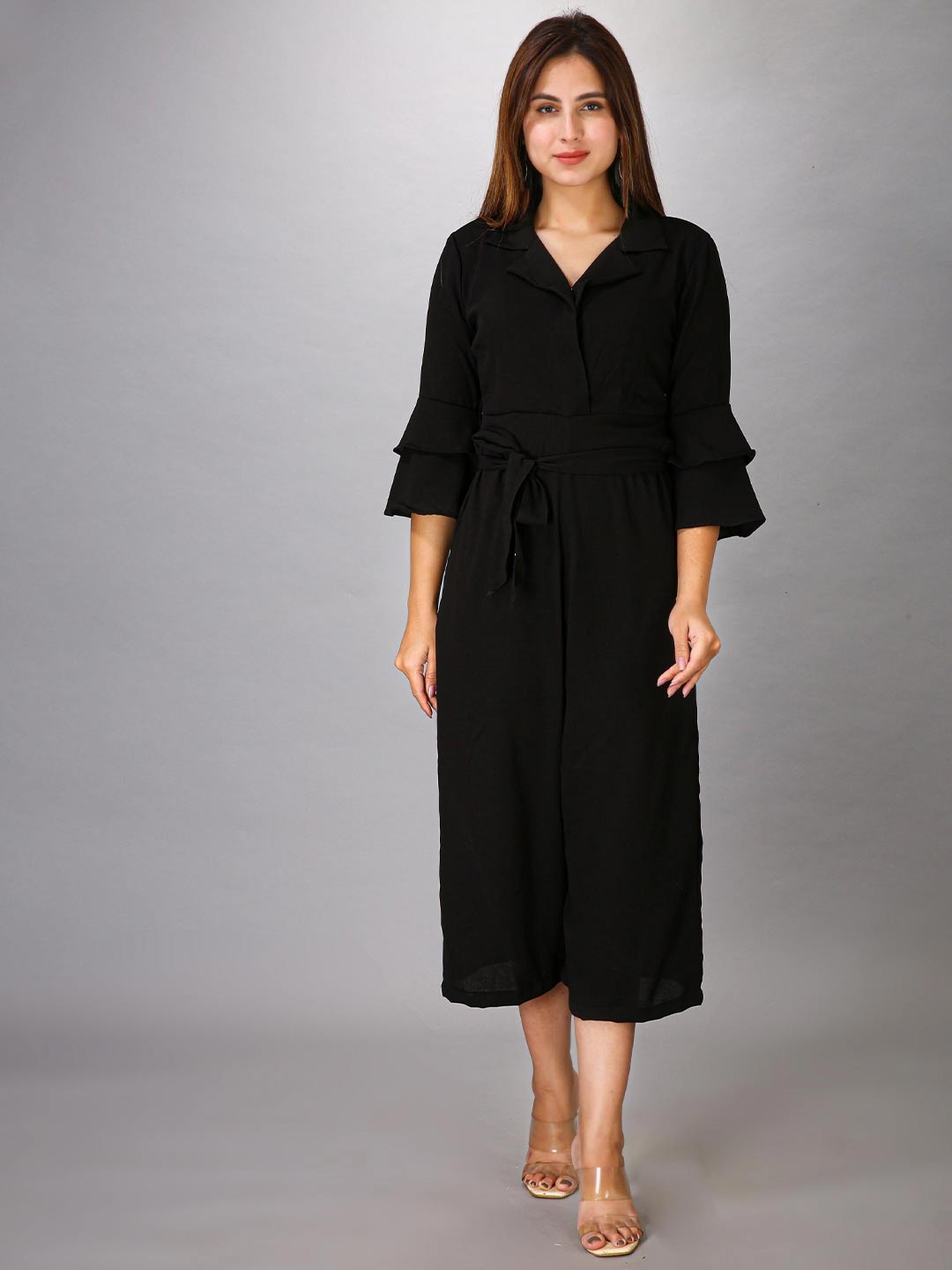 

MAIYEE V-Neck Waist Tie-Ups Basic Jumpsuit, Black
