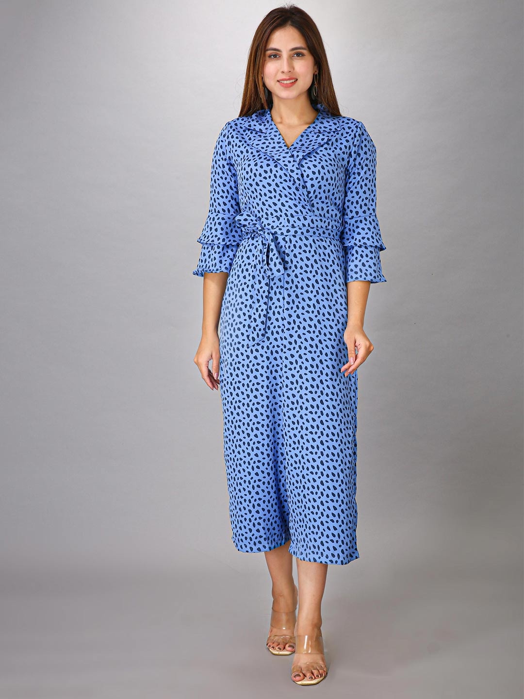 

MAIYEE Printed Shirt Collar Waist Tie-Ups Culotte Jumpsuit, Blue