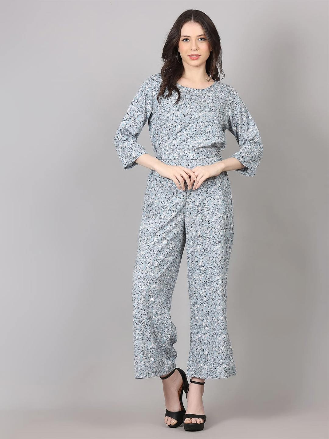 

MAIYEE Printed Waist Tie-Ups Basic Jumpsuit, Grey