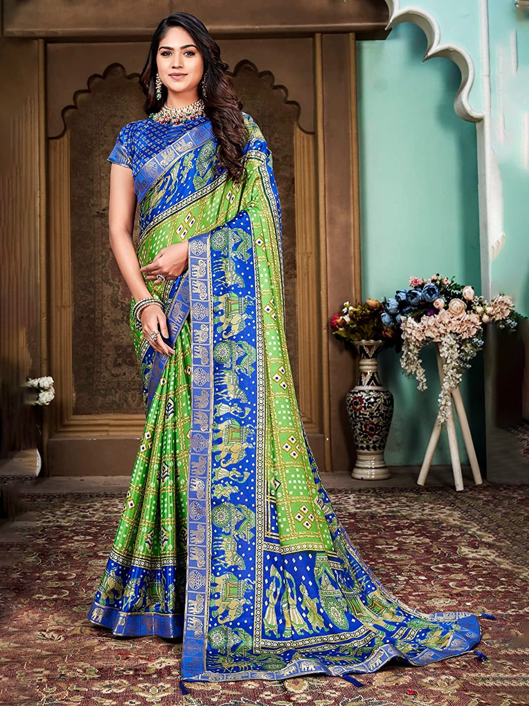 

KALINI Ethnic Woven Design Silk Cotton Paithani Saree, Green