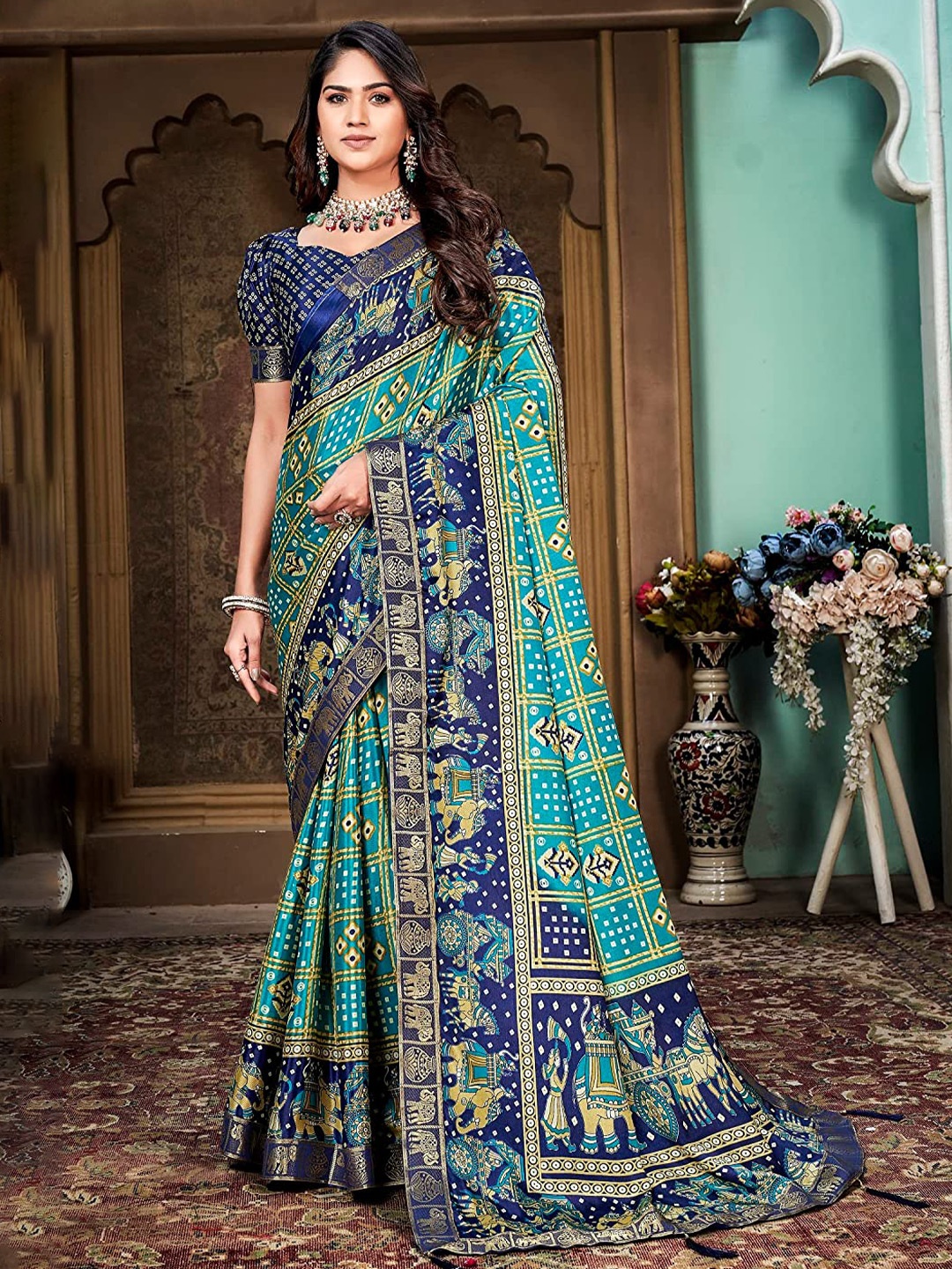 

KALINI Bandhani Zari Silk Cotton Paithani Saree, Green