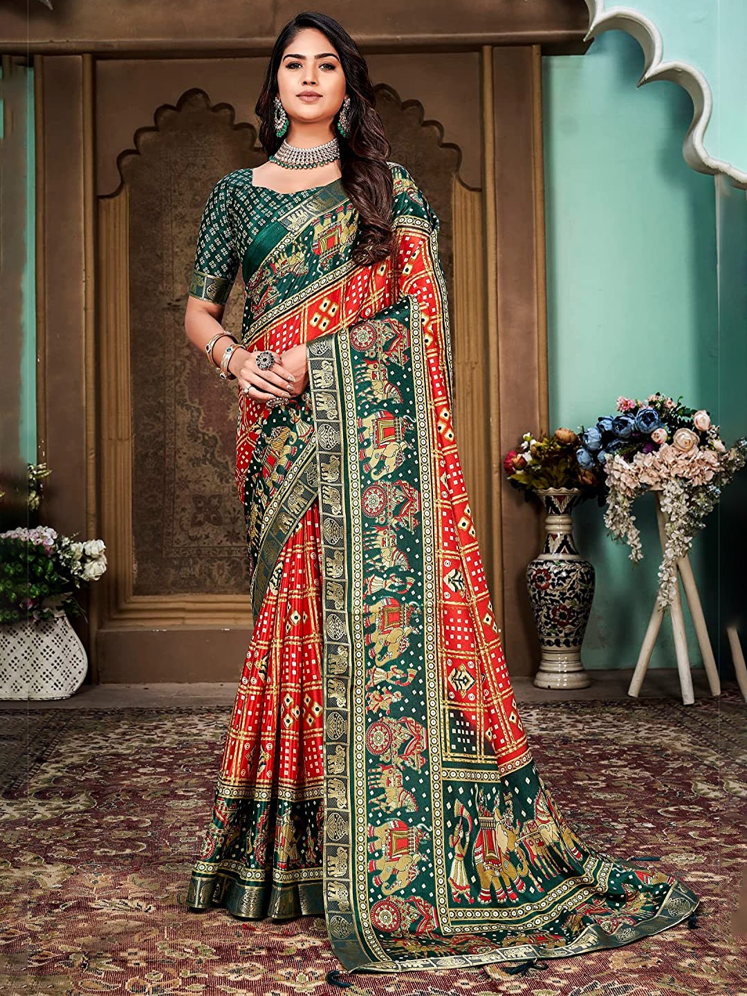 

KALINI Bandhani Zari Silk Cotton Paithani Saree, Red