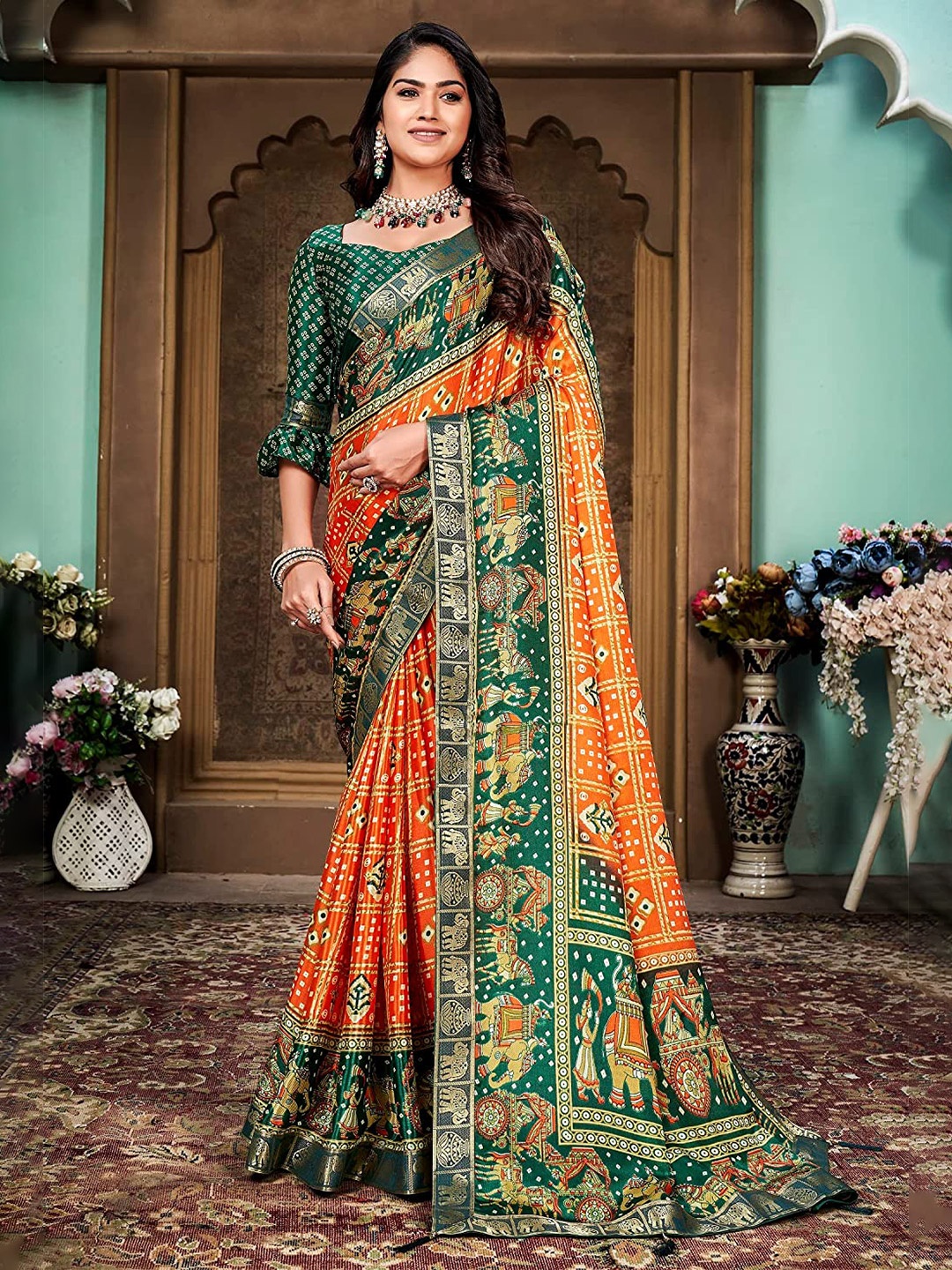 

KALINI Ethnic Motifs Zari Silk Cotton Paithani Saree, Orange