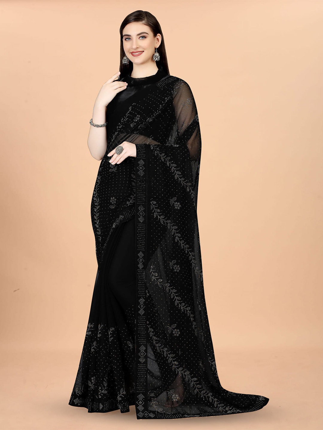 

KALINI Embellished Beads and Stones Silk Cotton Saree, Black