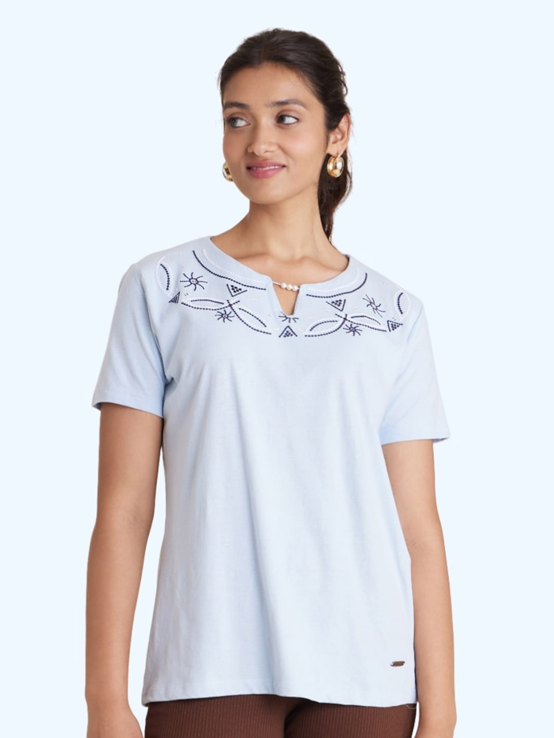 

harbour 9 Geometric Printed Keyhole Neck Cotton Top, Blue