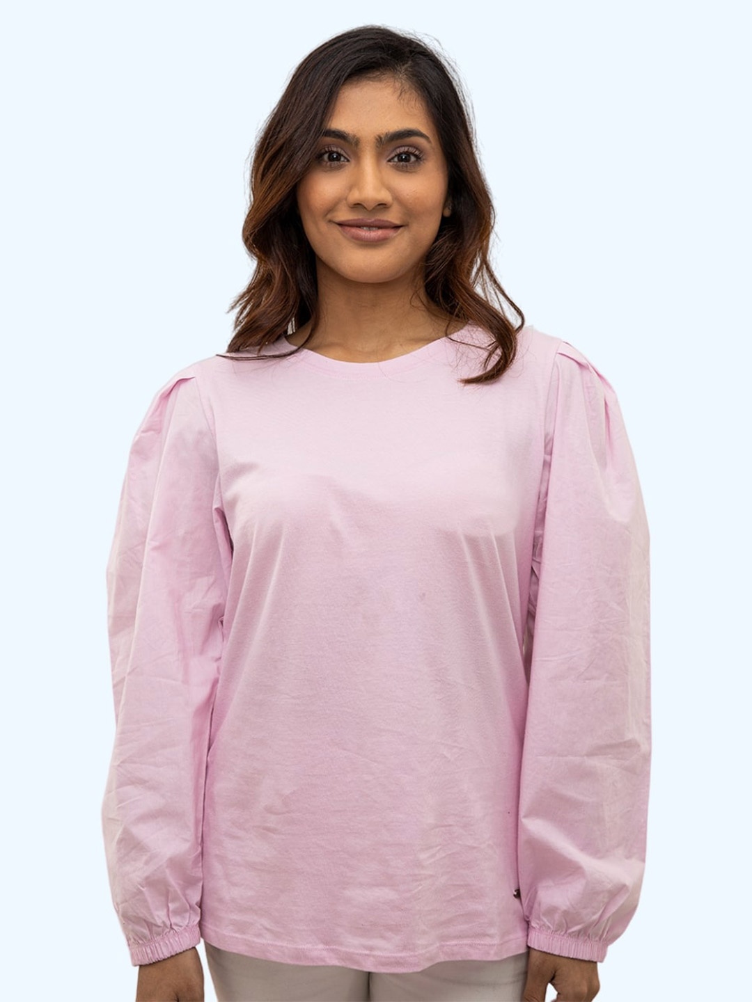 

harbour 9 Round Neck Puff Sleeve Cotton Opaque Top, Pink