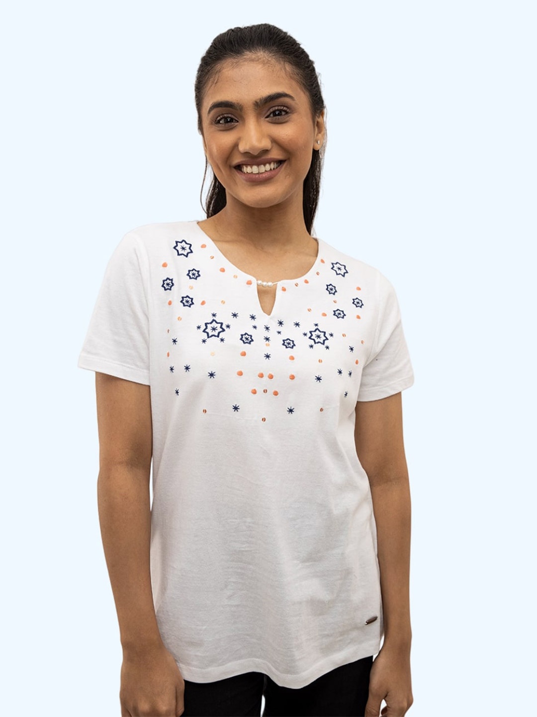 

harbour 9 Floral Printed Keyhole Neck Cotton Opaque Top, White