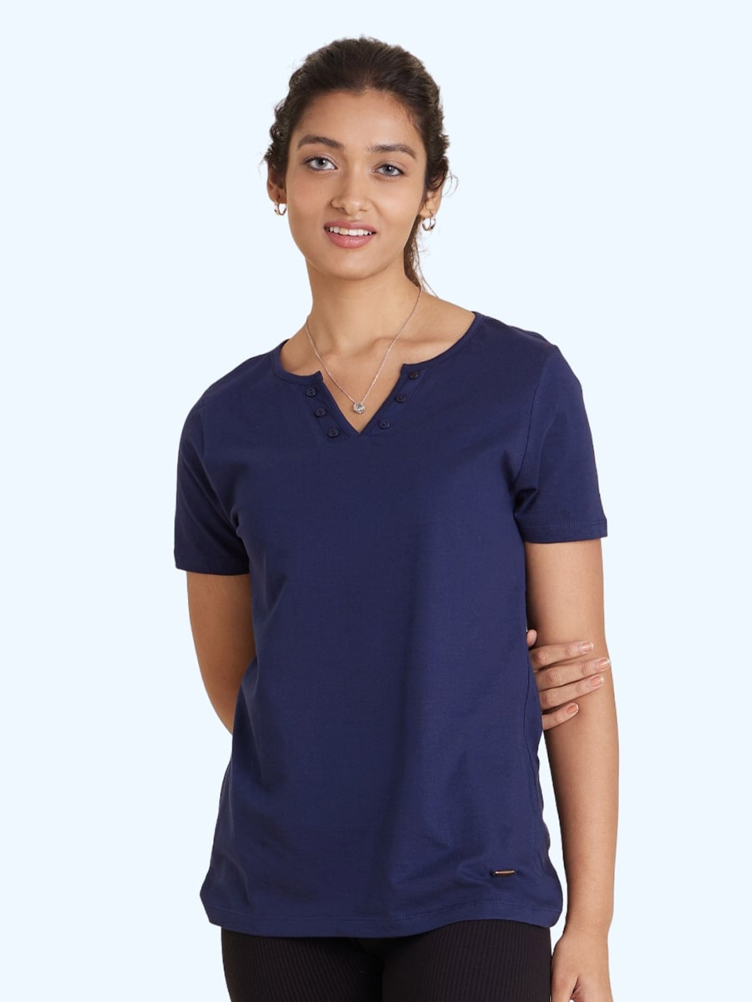 

harbour 9 Notch Neck Cotton Top, Navy blue