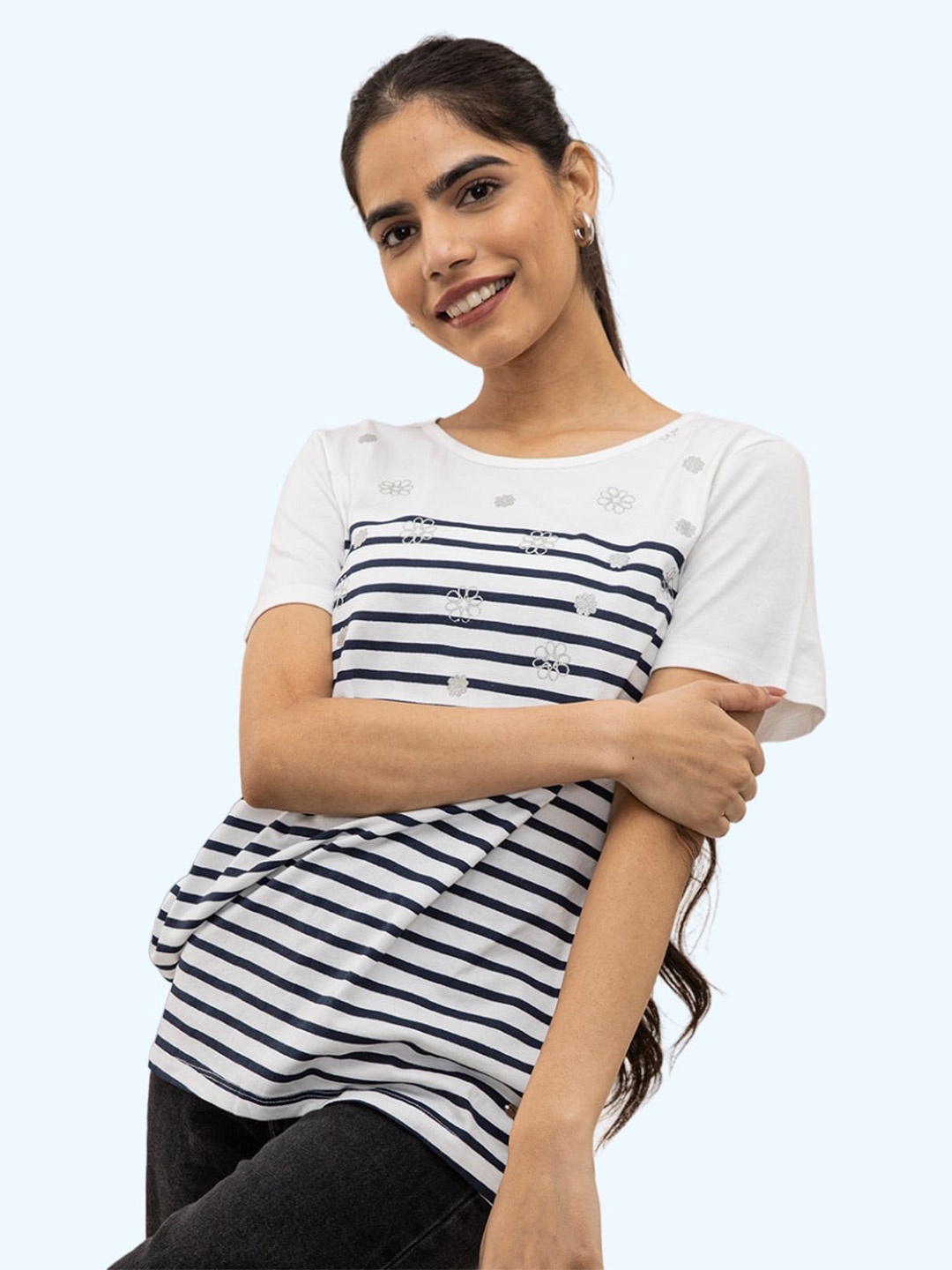 

harbour 9 Striped Cotton Top, White