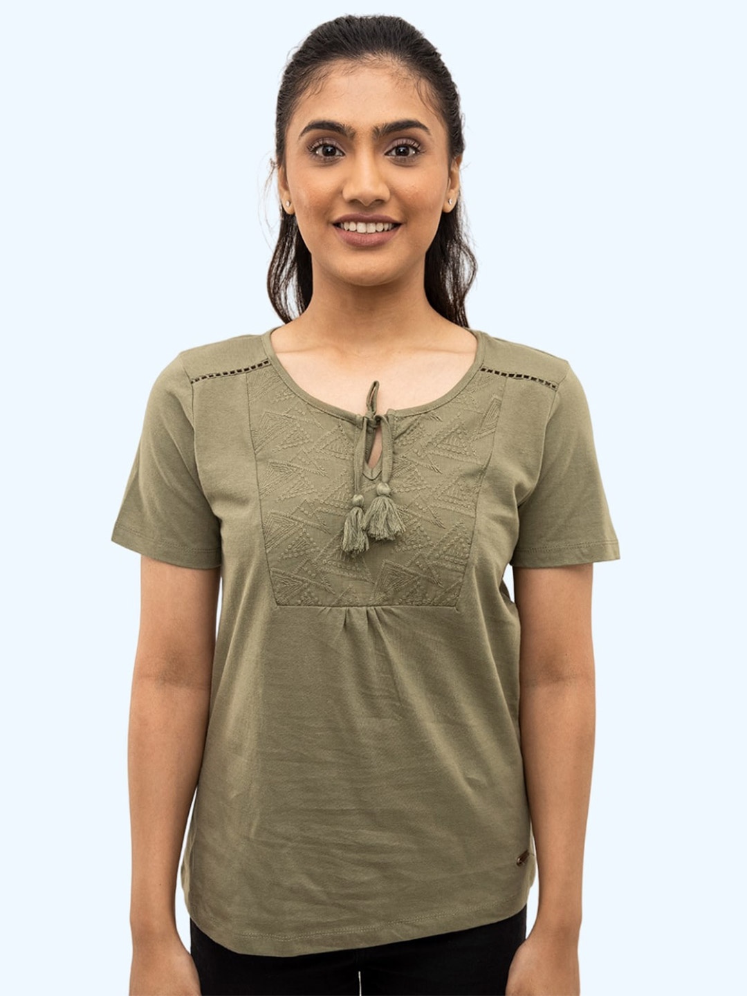 

harbour 9 Tie-Up Neck Cotton Top, Brown