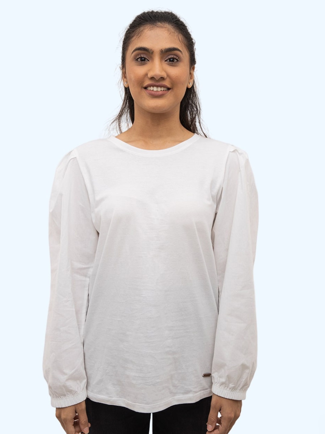 

harbour 9 Round Neck Puff Sleeve Cotton Opaque Top, White