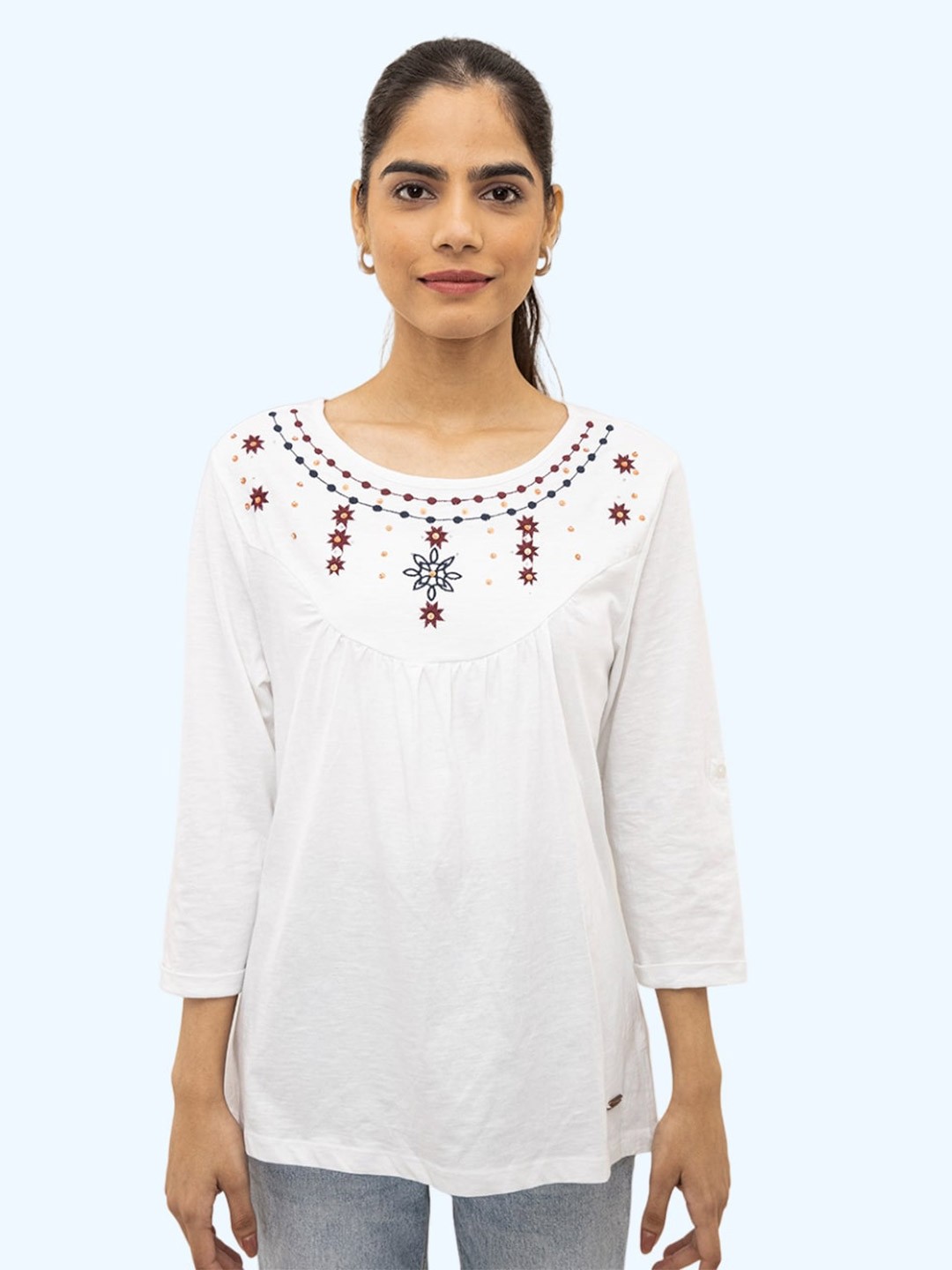

harbour 9 The Devon Floral Embroidered Cotton Top, White