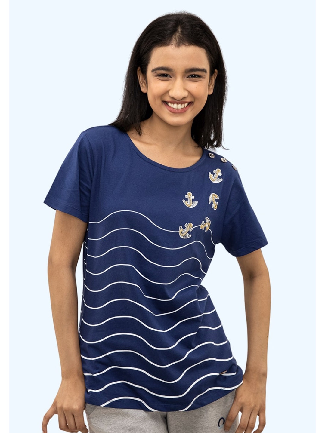 

harbour 9 Round Neck Print Cotton Top, Navy blue