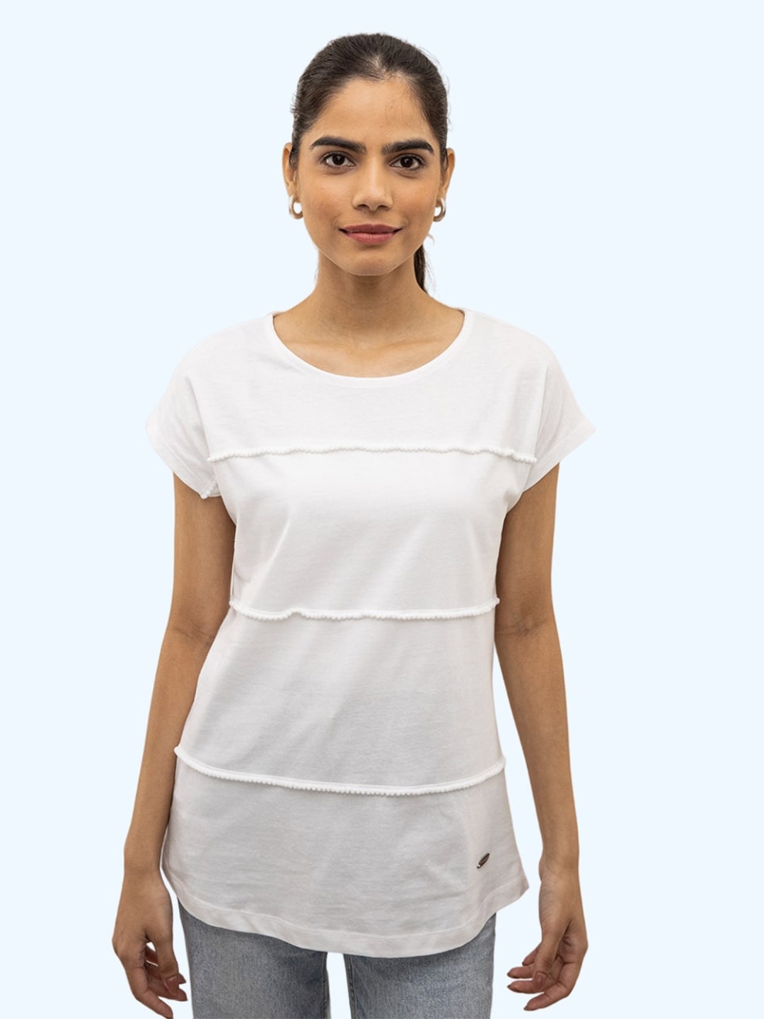 

harbour 9 Round Neck Cap Sleeves Cotton Top, White