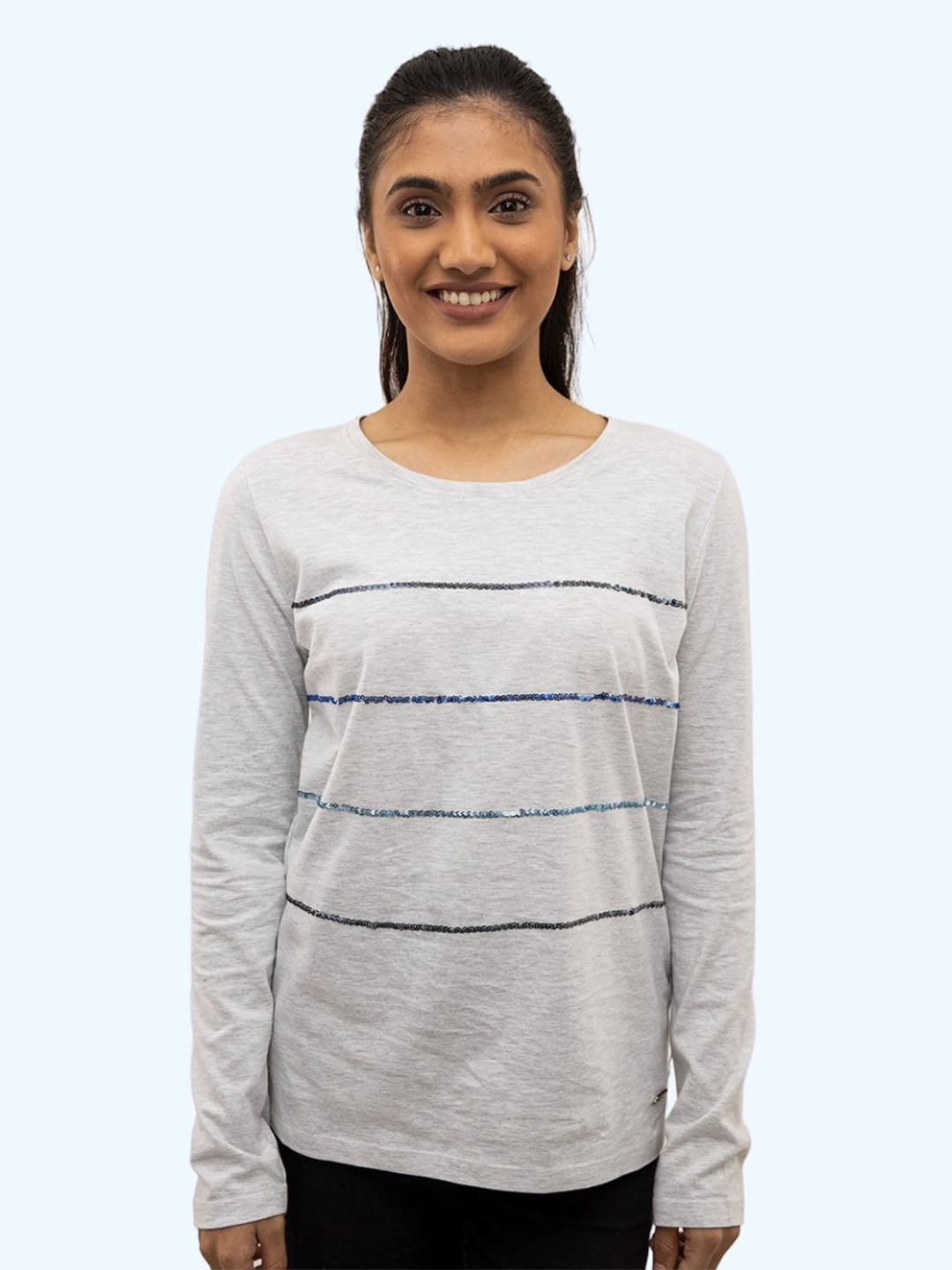

harbour 9 The Timor Striped Cotton Top, Grey