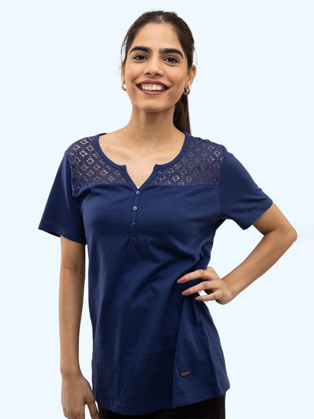 

harbour 9 The Falster Short Sleeves Cotton Top, Navy blue