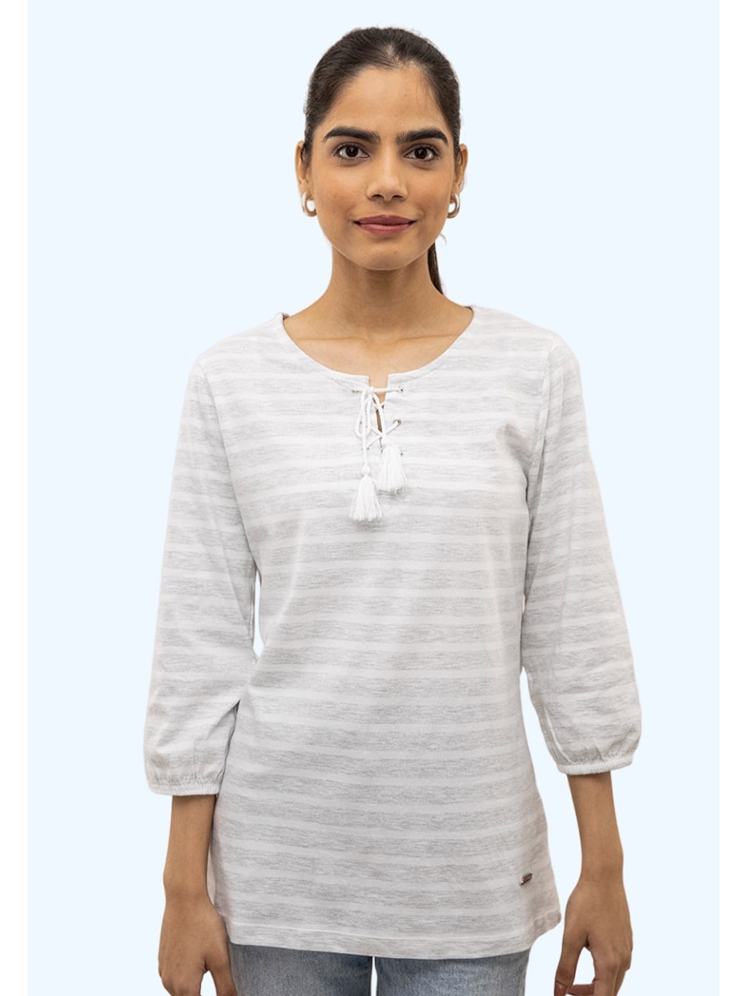 

harbour 9 Striped Tie-Up Neck Cotton Top, Grey
