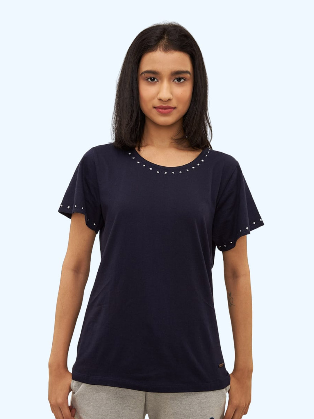 

harbour 9 Round Neck Short Sleeve Cotton Opaque Top, Black