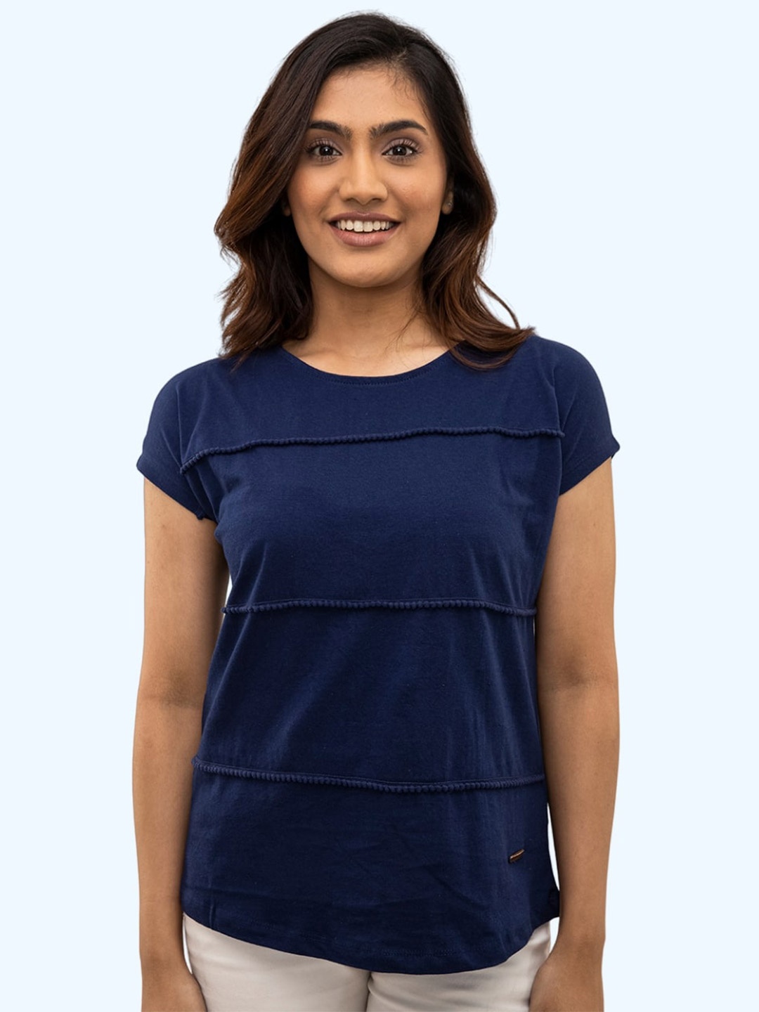 

harbour 9 Round Neck Cotton Tiered Top, Navy blue