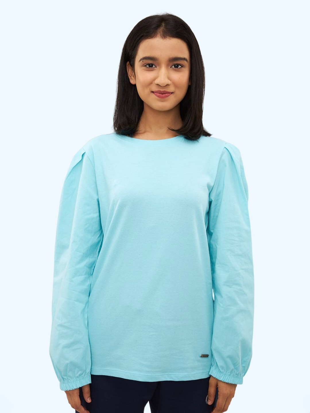 

harbour 9 Puff Sleeve Cotton Top, Blue