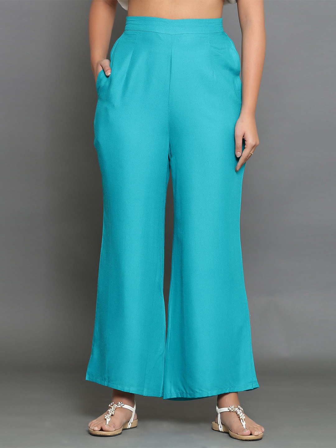 

MAIYEE Wide Leg Mid-Rise Palazzos, Turquoise blue