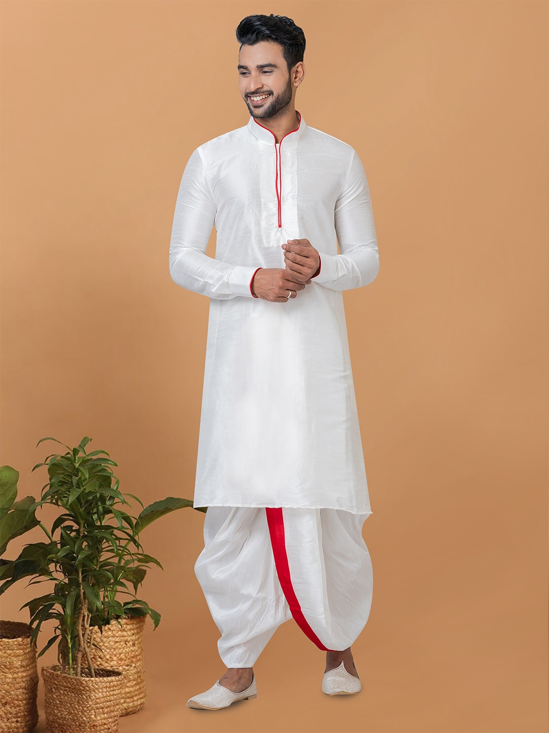 

Angroop Regular Mandarin Collar Dupion Silk Straight Kurta with Dhoti Pants, White