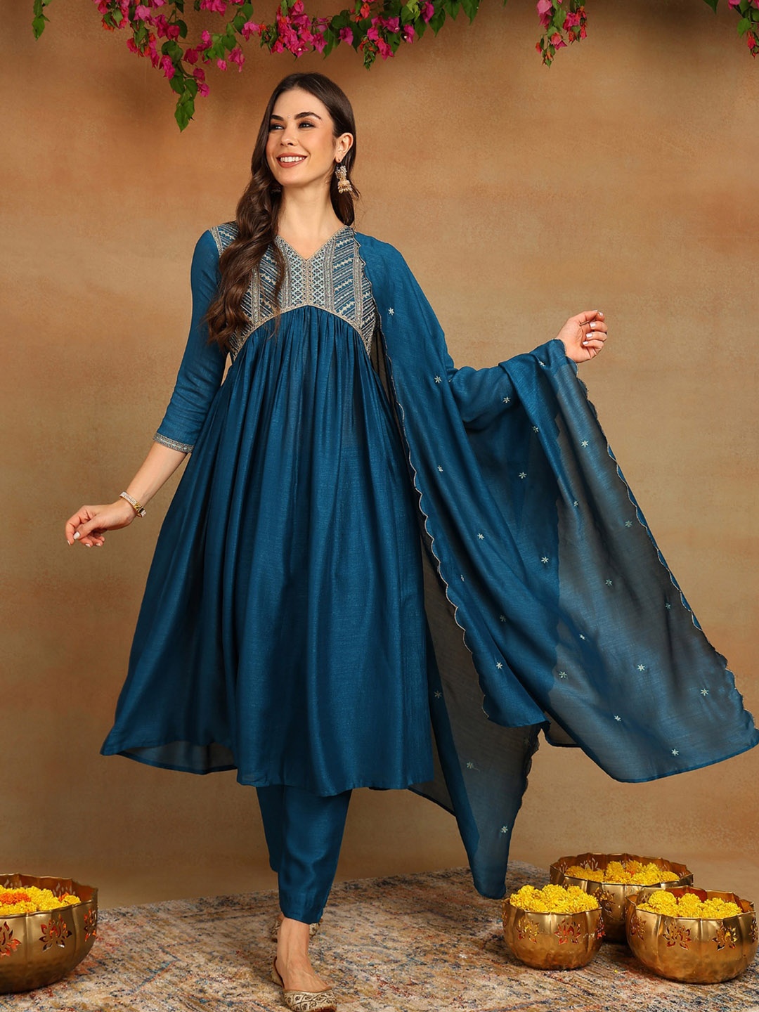 

AHIKA Blue Ethnic Motifs Embroidered Empire Kurta With Trousers & Dupatta