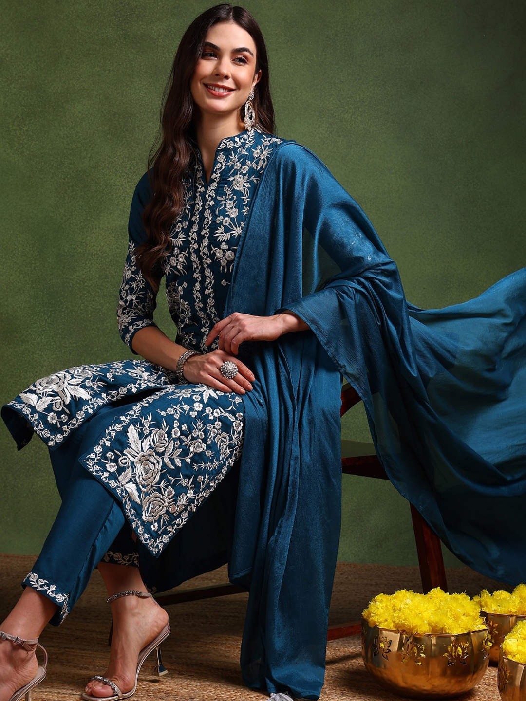 

AHIKA Teal Floral Thread Work Mandarin Collar Ethnic Kurta With Trousers & Dupatta