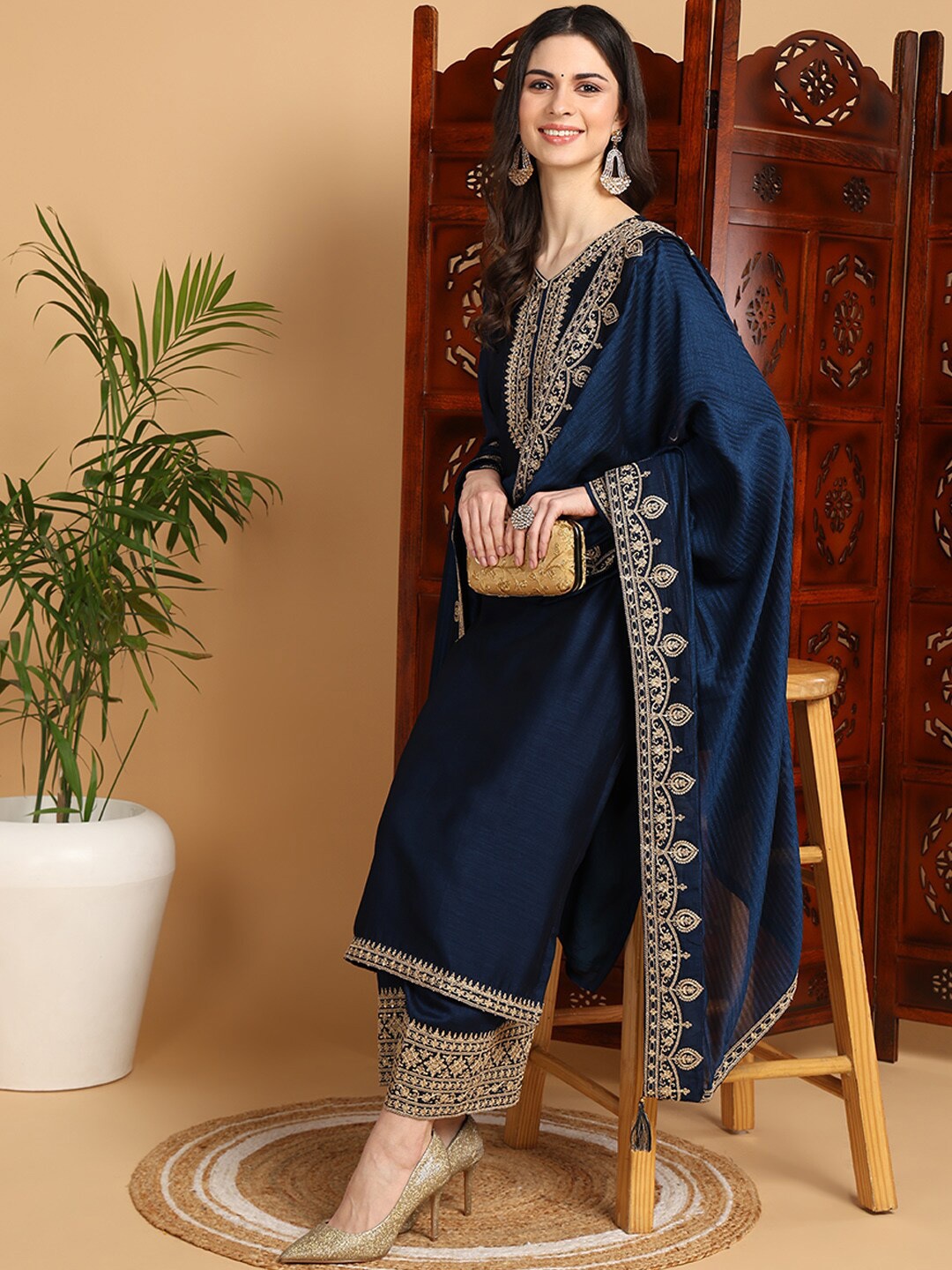 

AHIKA Ethnic Motifs Zari V-Neck Full Sleeves Ethnic Kurta With Palazzos & Dupatta, Navy blue