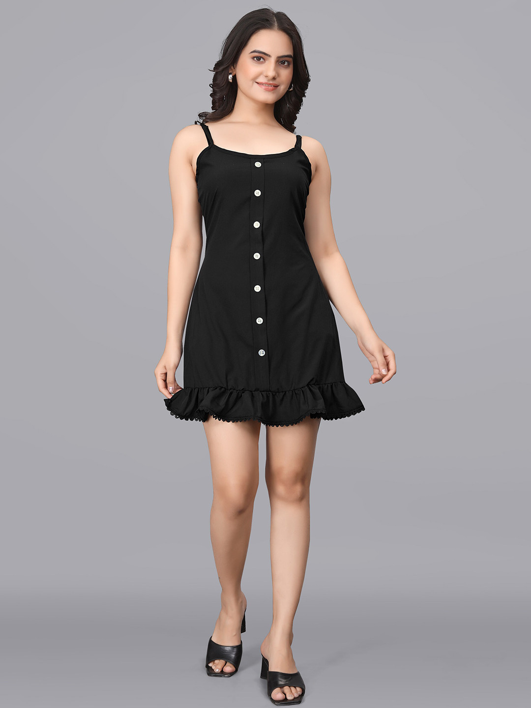 

OWO THE LABEL Shoulder Straps Sleeveless Crepe A-Line Mini Cotton Dress, Black
