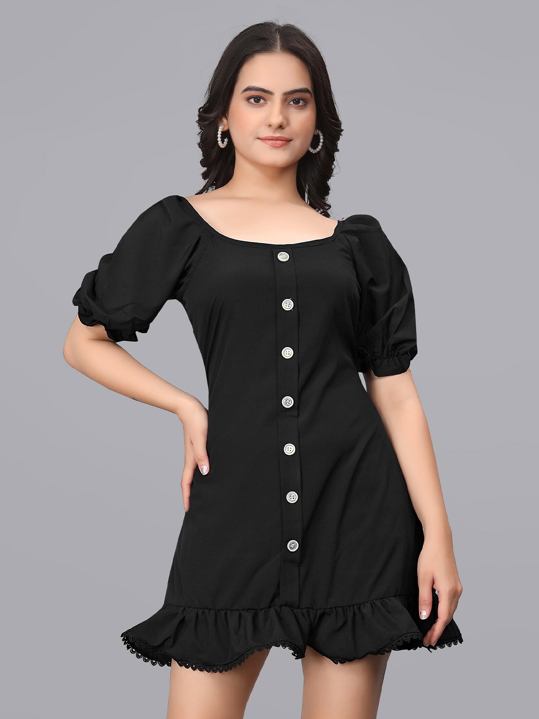 

OWO THE LABEL Puff Sleeve A-Line Dress, Black