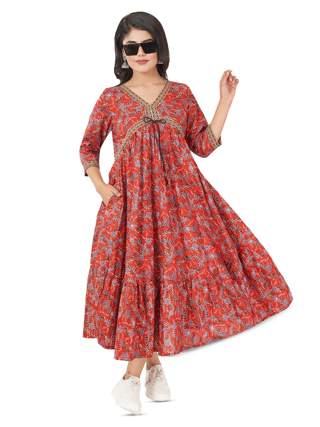 

BAESD Floral Printed Cotton Fit and Flare Midi Ethnic Dress, Red