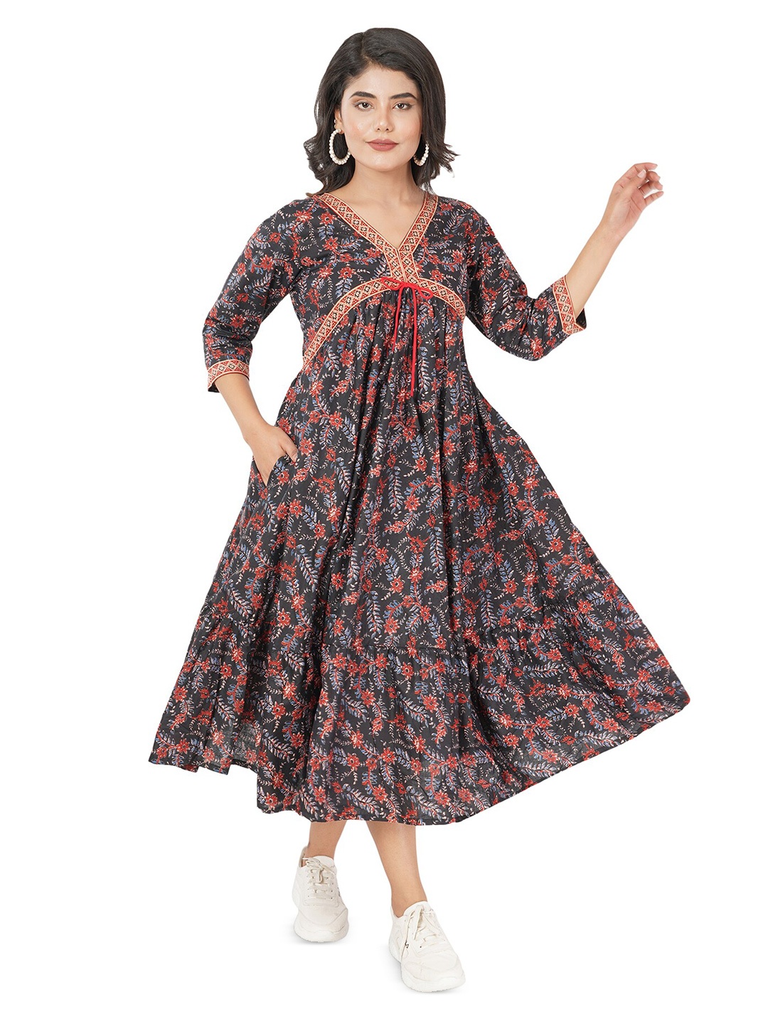 

BAESD Abstract Print V-Neck Puff Sleeve Gathered Fit & Flare Cotton Casual Midi Dress, Black