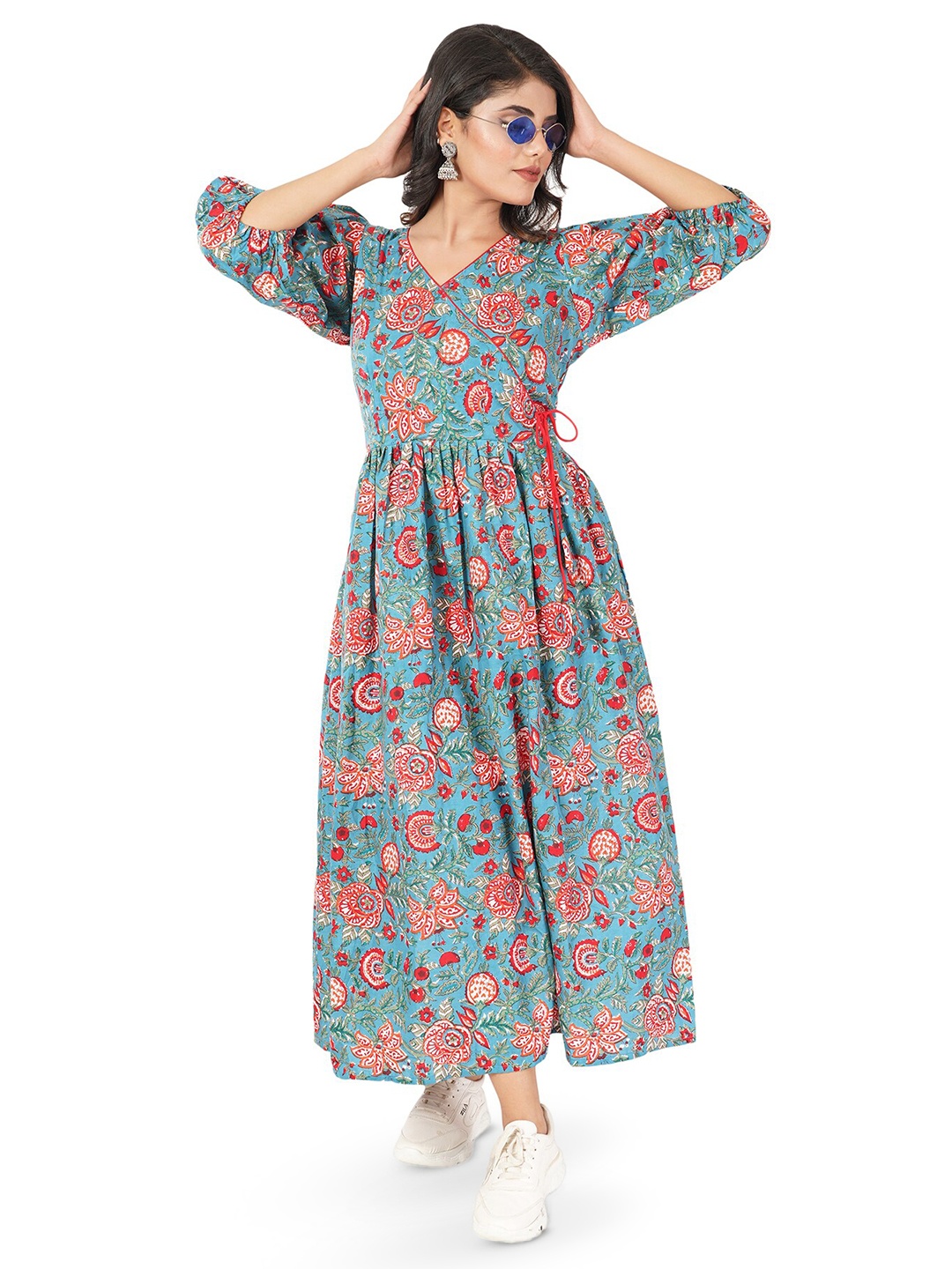 

BAESD Floral Print V-Neck Puff Sleeve Gathered Fit & Flare Cotton Casual Midi Dress, Multi