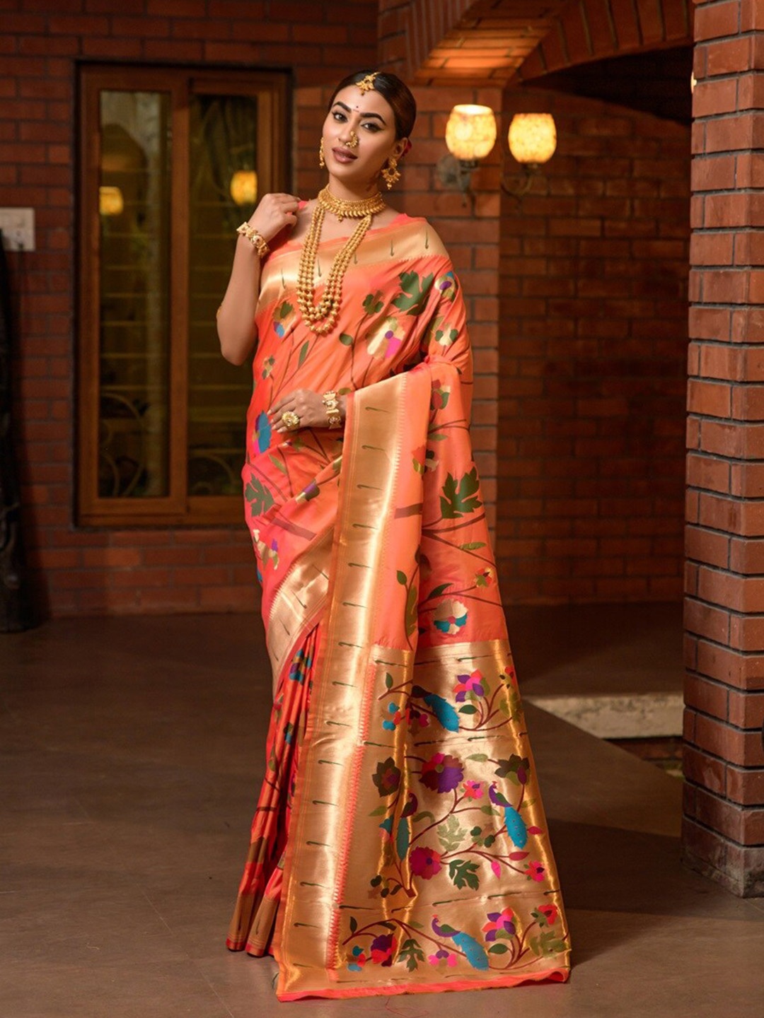 

CANIZZARO Floral Woven Design Zari Pure Silk Paithani Saree, Orange