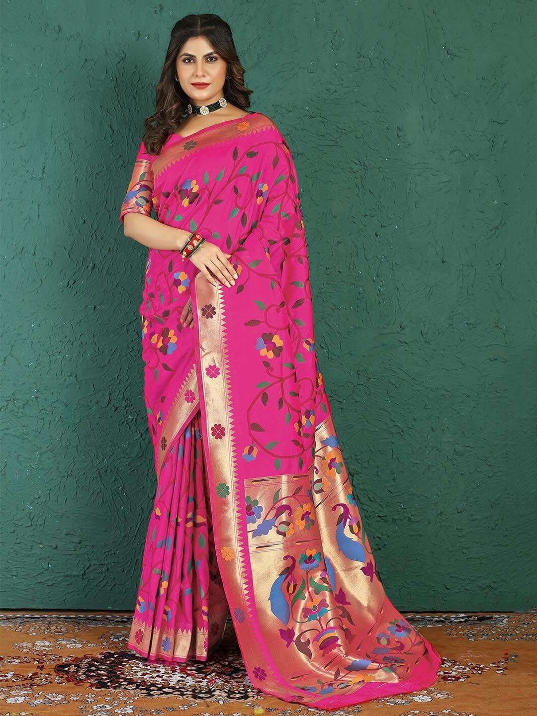 

CANIZZARO Woven Design Ethnic Motifs Zari Pure Silk Paithani Saree, Pink