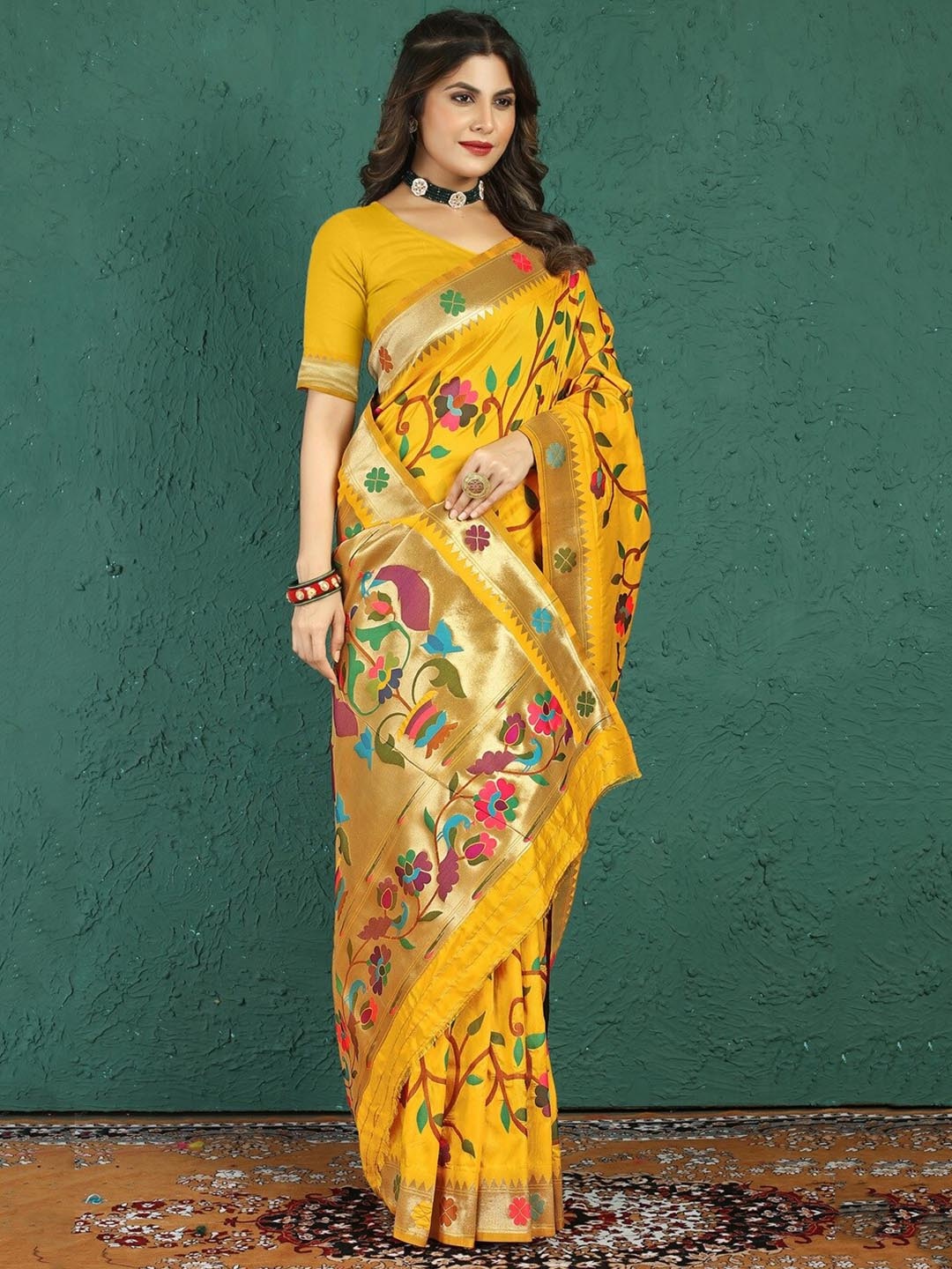 

CANIZZARO Woven Design Ethnic Motifs Zari Pure Silk Paithani Saree, Yellow