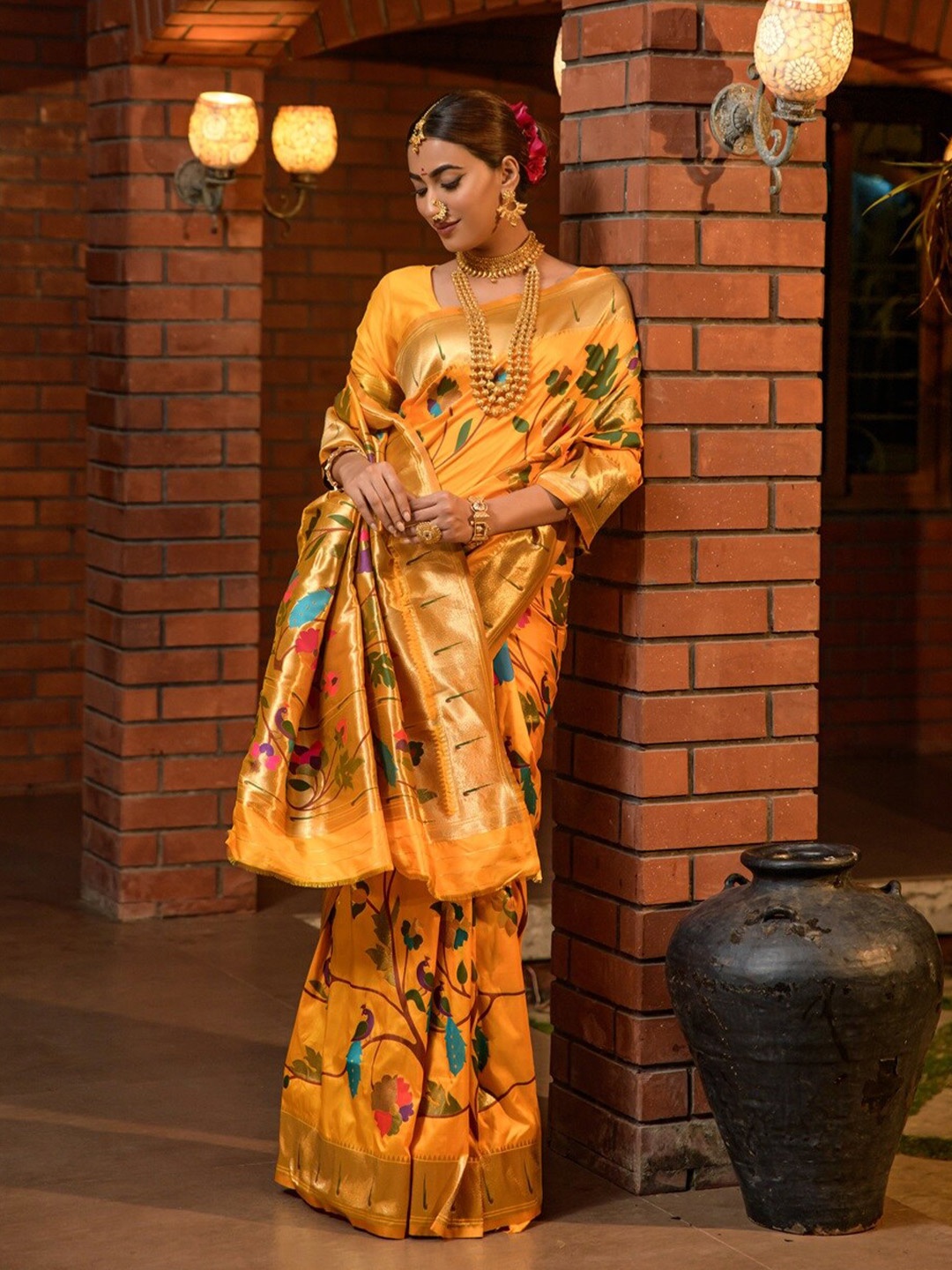 

CANIZZARO Floral Woven Design Zari Pure Silk Paithani Saree, Mustard
