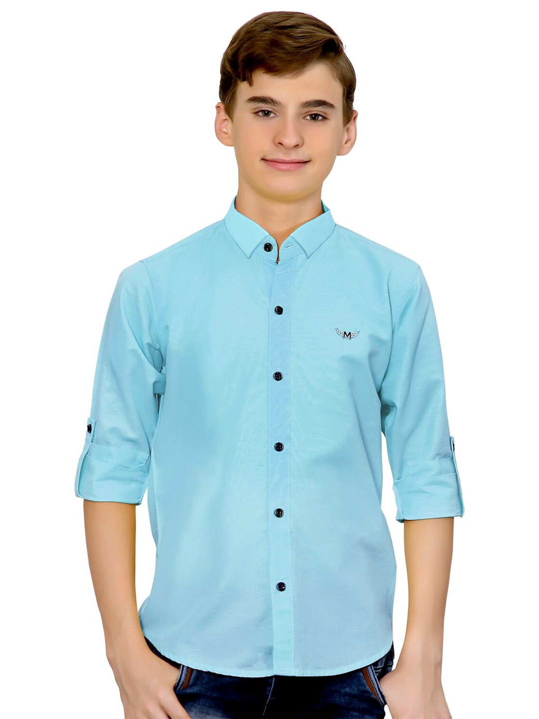 

BAESD Boys Mandarin Collar Regular Fit Curved Casual Shirt, Blue