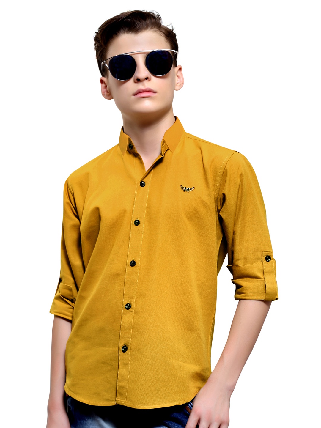 

BAESD Boys Mandarin Collar Regular Fit Curved Casual Shirt, Mustard