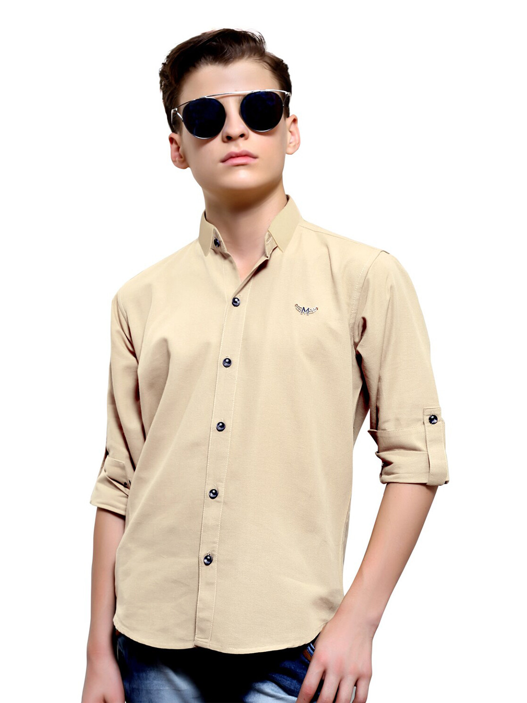 

BAESD Boys Mandarin Collar Regular Fit Curved Casual Shirt, Khaki