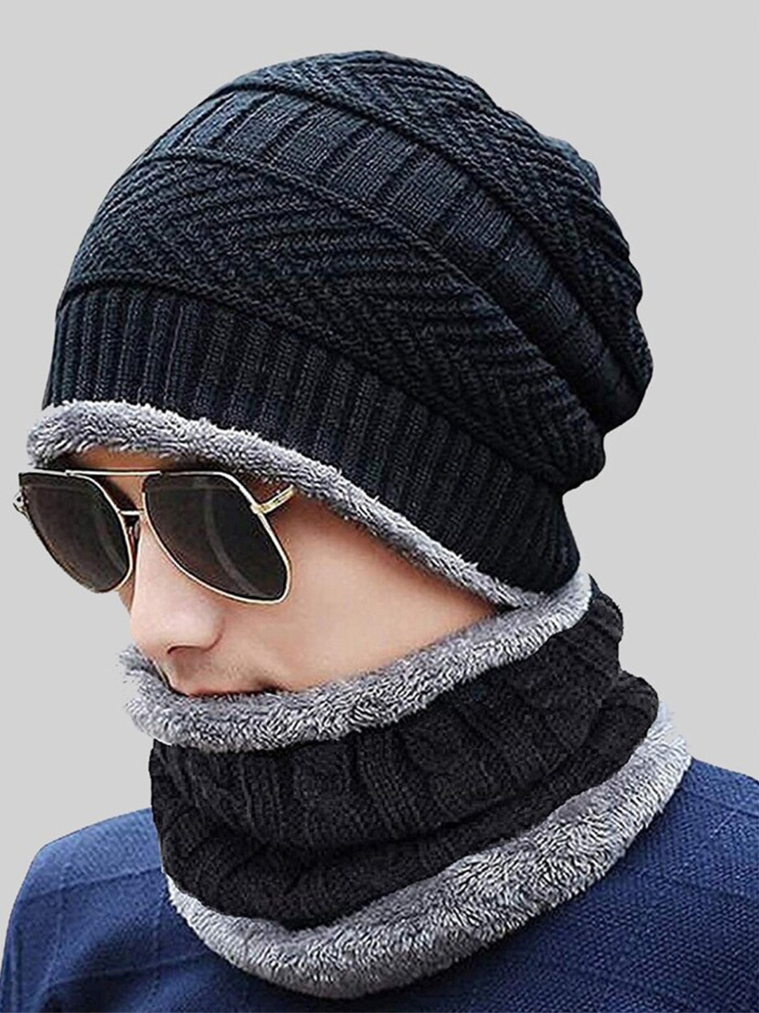 

Kastner Unisex Set Of 2 Self Design Woollen Beanie With Muffler, Black