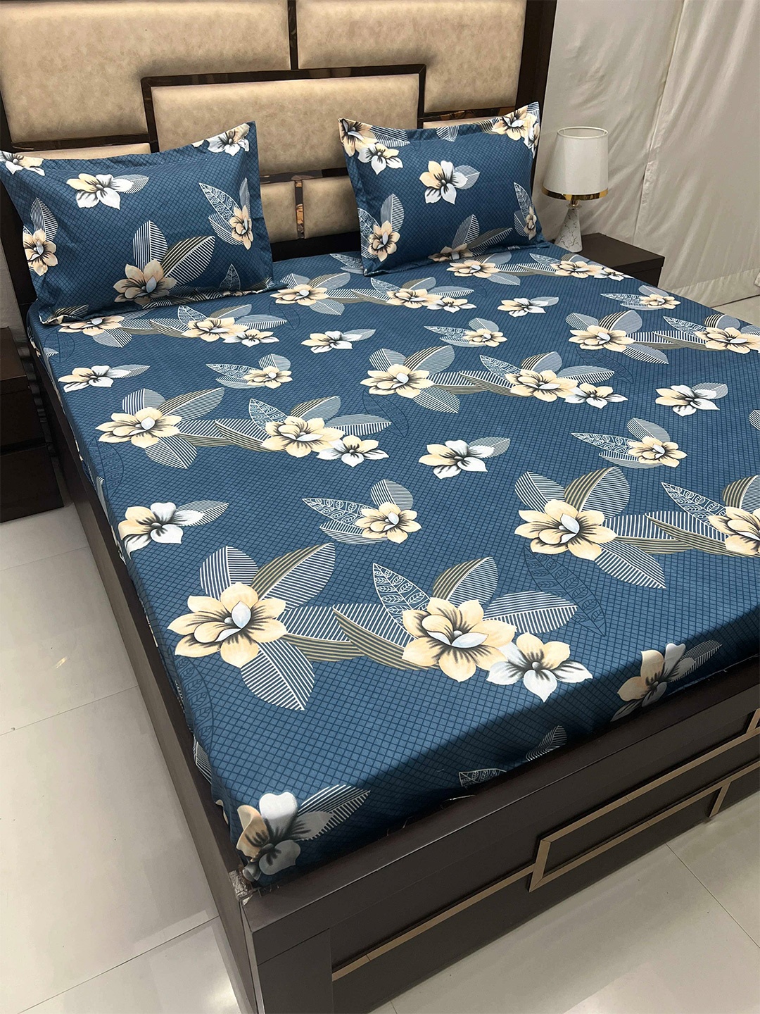 

Pure Decor Blue & Yellow Floral Pure Cotton 260 TC Queen Bedsheet with 2 Pillow Covers