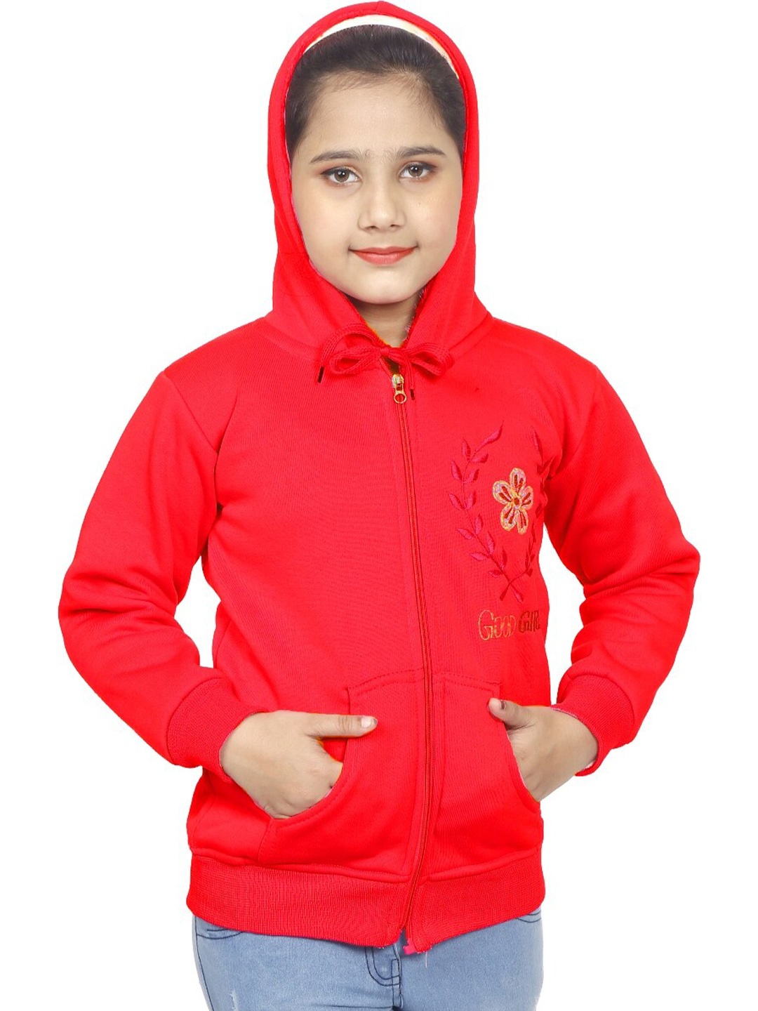

BAESD Girls Floral Embroidered Hooded Storm-Fit Cotton Front-Open Sweatshirt, Red