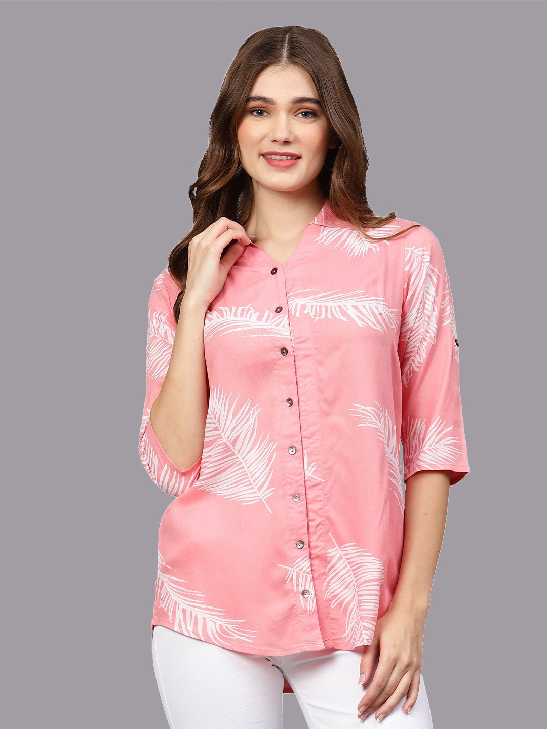 

Indietoga Floral Printed Mandarin Collar Classic Casual Shirt, Pink