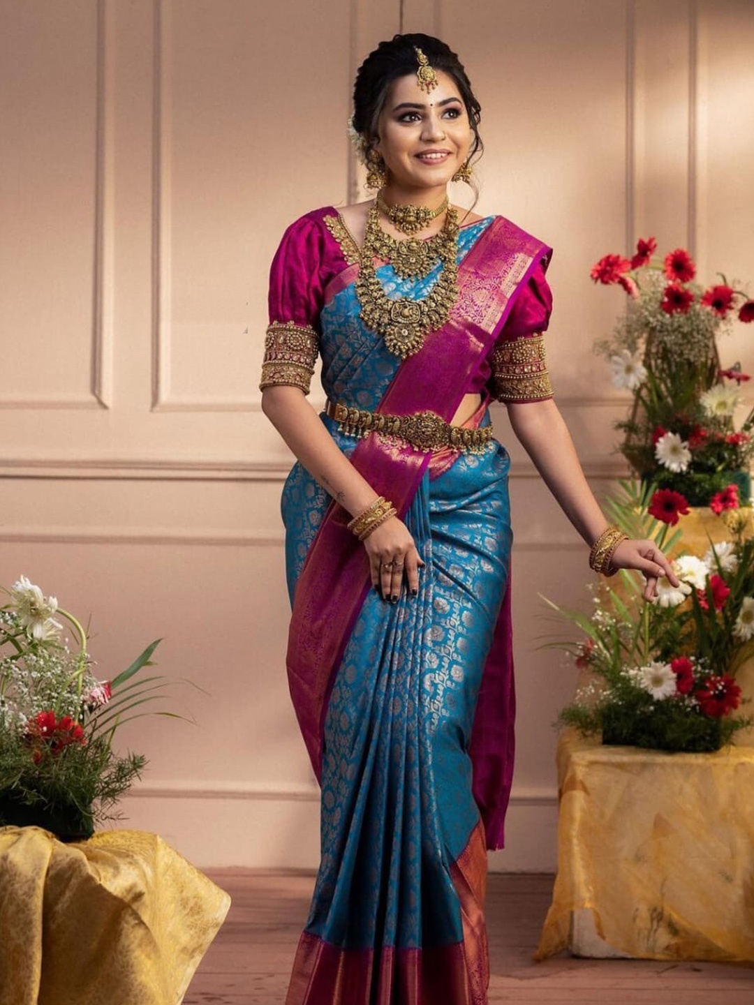 

Quelea Floral Woven Design Zari Pure Silk Kanjeevaram Saree, Sea green